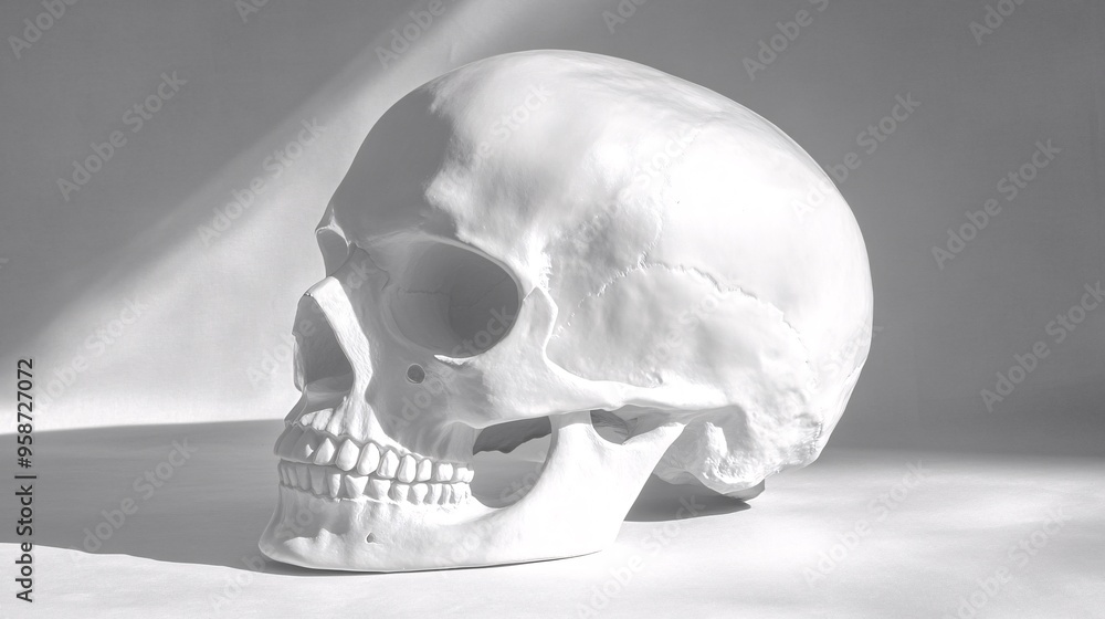 Aufkleber photogram of a human skull model placed in profile view casting a shadow that highlights its detaile