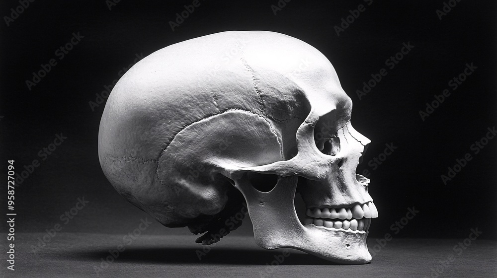 Poster photogram of a human skull model placed in profile view casting a shadow that highlights its detaile