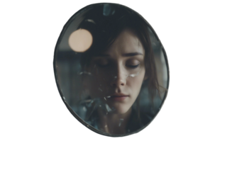 Reflection in broken mirror of depressed person with anxiety and mental illness concept isolated on transparent background
