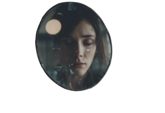 Reflection in broken mirror of depressed person with anxiety and mental illness concept isolated on transparent background