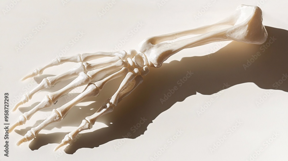Poster Silhouette of a hand skeleton model arranged on a light-sensitive surface creating a photogram with sharp clear shadows Stock Photo with copy space