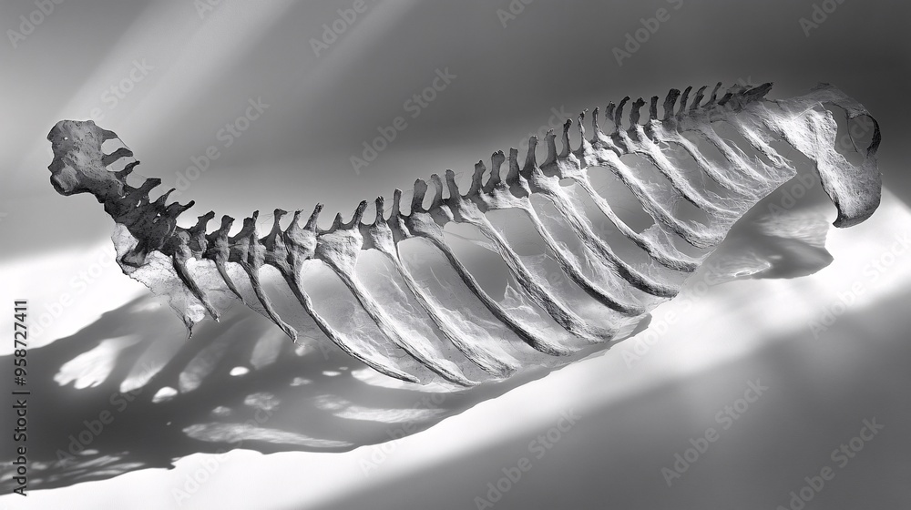 Poster Photogram of a ribcage model placed on a light-sensitive surface casting shadows that emphasize its structure Stock Photo with copy space