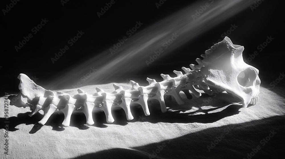 Aufkleber photogram of a ribcage model placed on a light-sensitive surface casting shadows that emphasize its 