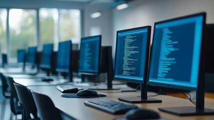 Modern computer lab with multiple screens displaying code, showcasing a professional programming environment for software development and IT education.