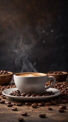Fototapeta premium A cup of fragrant coffee is on the table Coffee beans are scattered around Morning drink, cozy atmosphere.