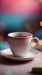 Fototapeta premium A white cup with a pink rim sits on a plate with a colorful background.