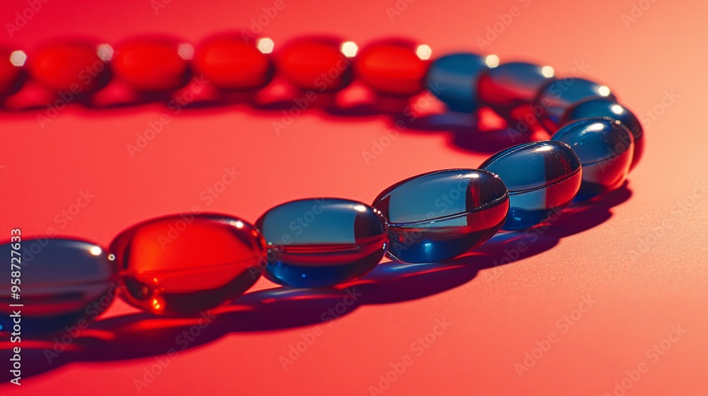 Poster Photogram of a group of capsules arranged in a spiral shape casting shadows that emphasize their form and texture Stock Photo with copy space