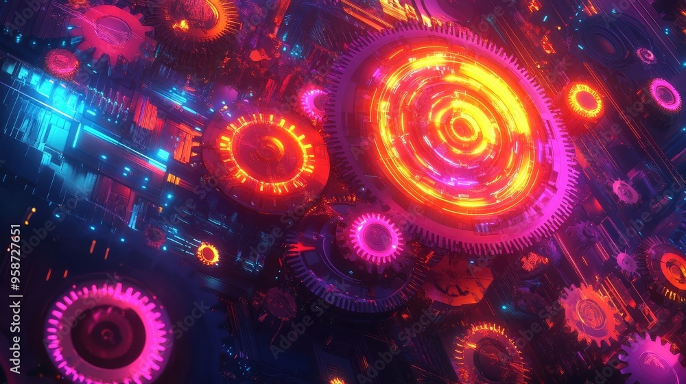 Poster abstract neon gears, full of power and high capacity, set against a dynamic and futuristic backgroun