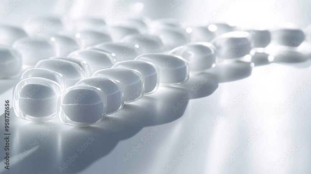 Poster Photogram of a group of capsules arranged in a spiral shape casting shadows that emphasize their form and texture Stock Photo with copy space
