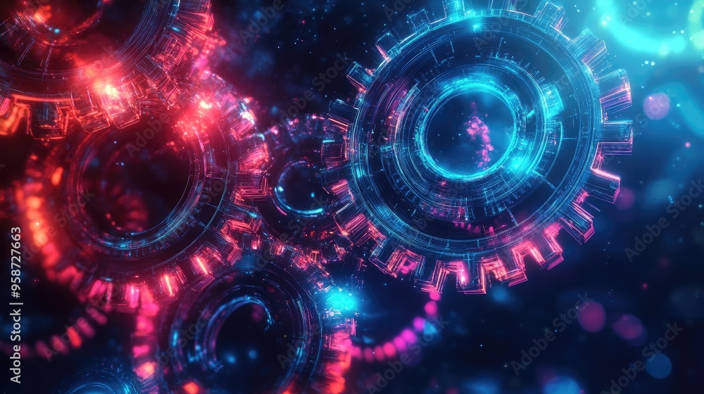 Poster abstract neon gears, full of power and high capacity, set against a dynamic and futuristic backgroun