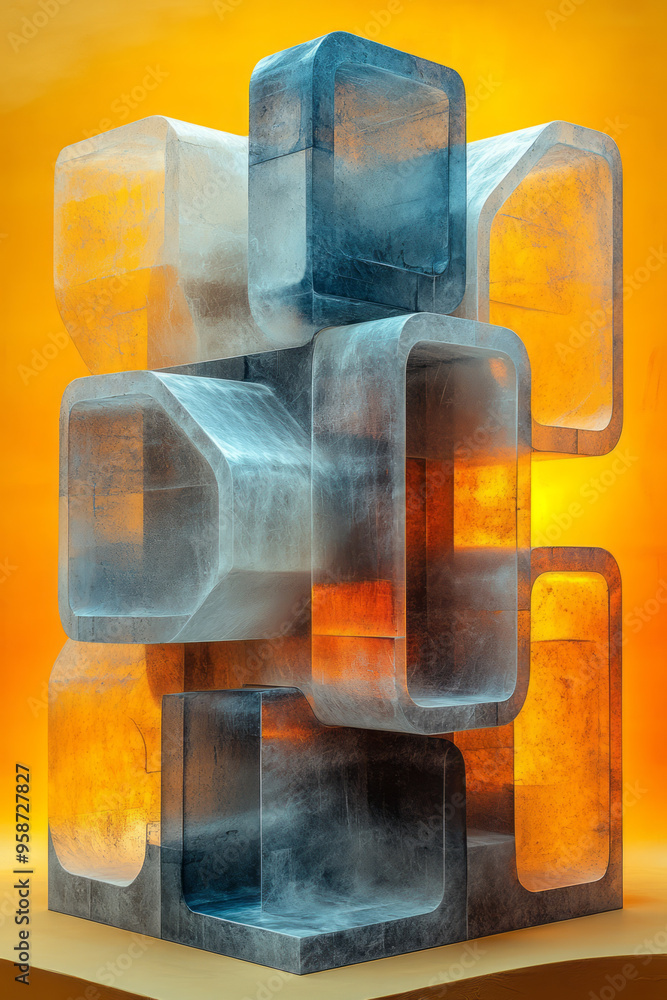 Poster an abstract isometric grid of interlocking trapezoids in pastel blue and orange, creating a continuo