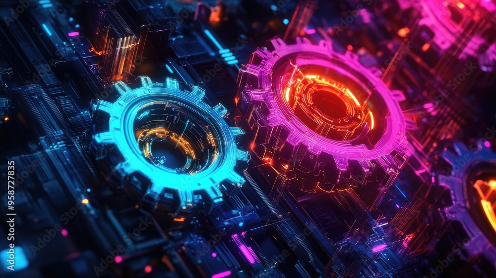 Poster abstract neon gears with high capacity, set against a dynamic futuristic background, creating a powe