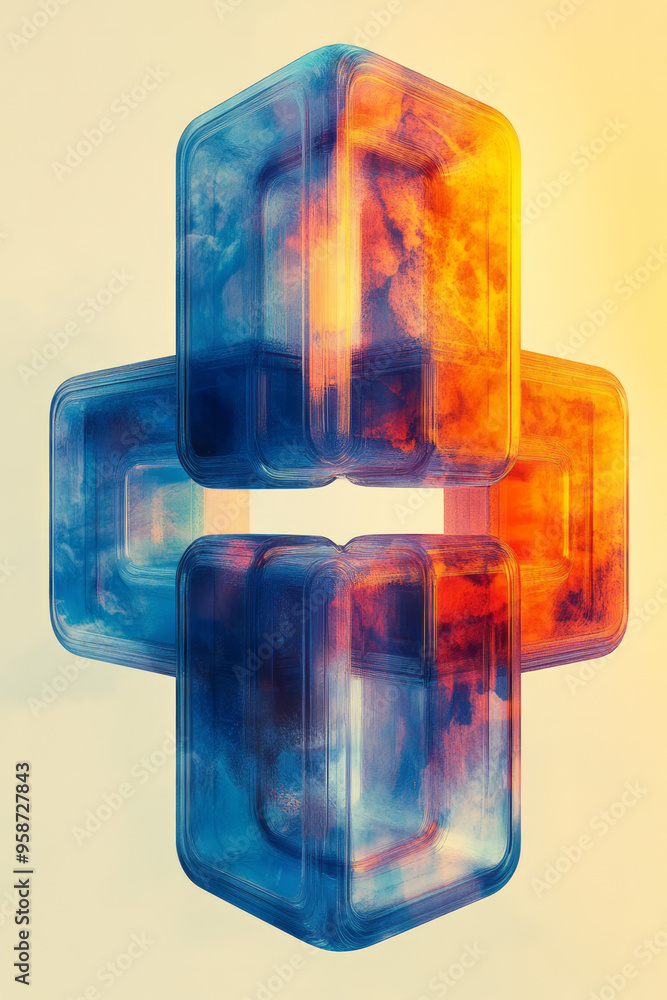 Poster an abstract isometric grid of interlocking trapezoids in pastel blue and orange, creating a continuo