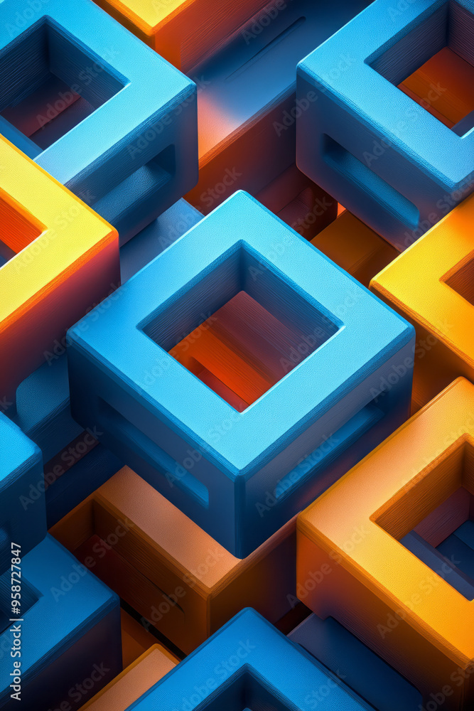 Poster an abstract isometric grid of interlocking trapezoids in pastel blue and orange, creating a continuo