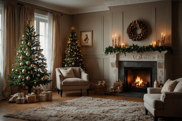 Festive interior with decorated Christmas tree and fireplace