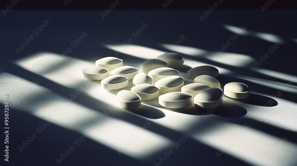 Aufkleber detailed photogram of a handful of pills scattered across a light-sensitive surface creating random 