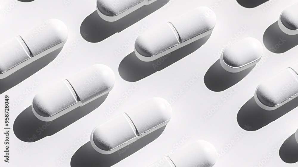 Poster Photogram showing the outline of different shaped capsules laid out in a random pattern casting clear shadows Stock Photo with copy space