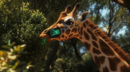 Fototapeta premium Giraffe with Futuristic Device in a Lush Forest