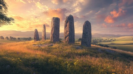 Beautiful ancient stones standing on a hill, set against a realistic backdrop of rolling fields and peaceful skies