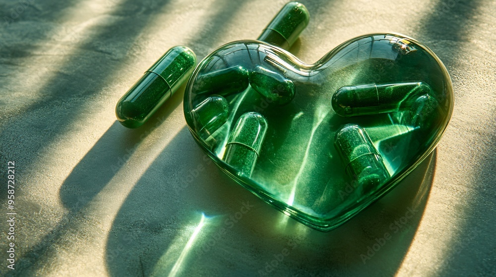 Aufkleber Photogram of capsules arranged to form a heart shape casting detailed shadows on a light-sensitive surface Stock Photo with copy space