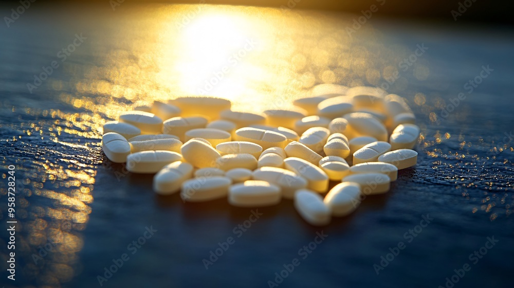Poster photogram of capsules arranged to form a heart shape casting detailed shadows on a light-sensitive s