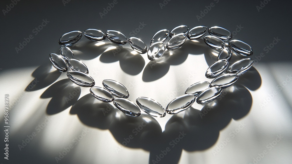 Poster Photogram of capsules arranged to form a heart shape casting detailed shadows on a light-sensitive surface Stock Photo with copy space