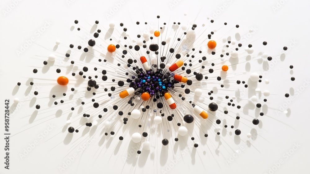 Poster Photogram featuring various pills and capsules arranged in a starburst pattern with shadows that emphasize their shape and texture Stock Photo with copy space