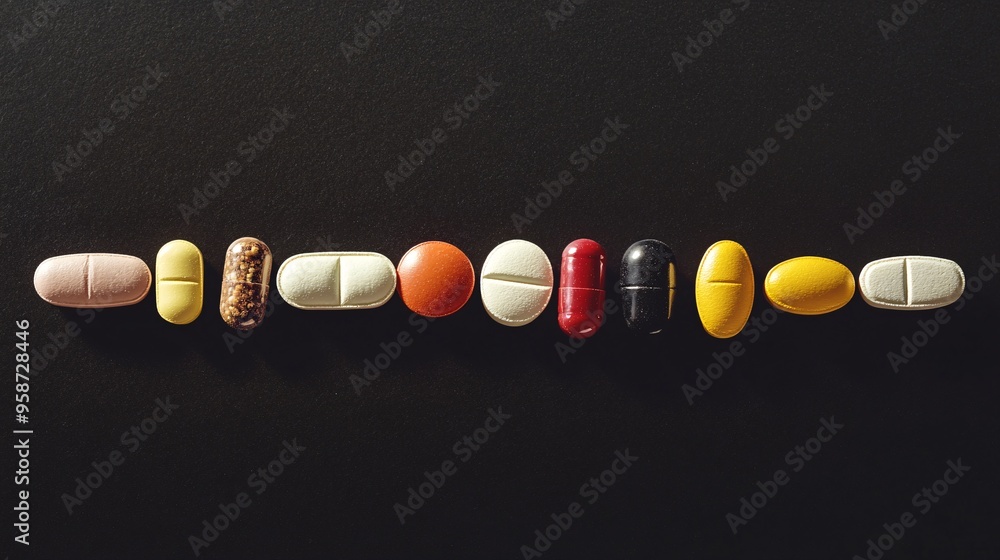 Poster Silhouette of pills and capsules arranged in a line on a light-sensitive surface creating a photogram with strong contrast Stock Photo with copy space
