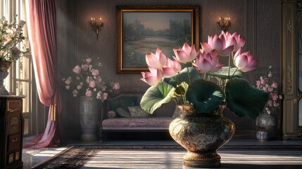 Beautiful lotuses in a grand vase, set in a luxurious room with rich textures and a realistic, serene backdrop