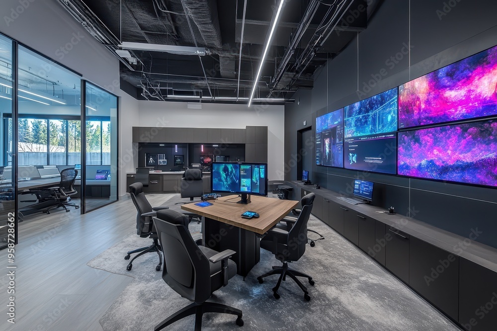 Poster modern office space with multiple screens and a collaborative environment.
