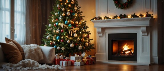Interior Christmas. magic glowing tree, fireplace, gifts