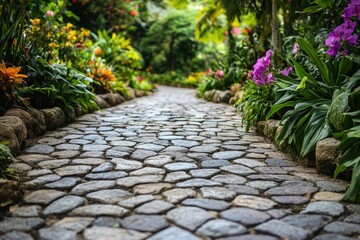 Cobblestone Path Winding Through a Lush Garden
