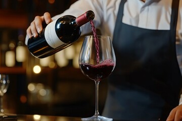 A sommelier skillfully pours red wine into a large glass at a cozy restaurant during an evening service, showcasing exceptional wine presentation
