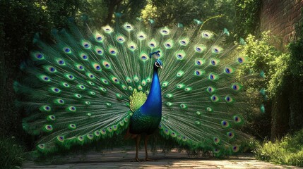 Obraz premium Beautiful peacock displaying its vibrant plumage, set against a realistic background of lush greenery and natural elegance
