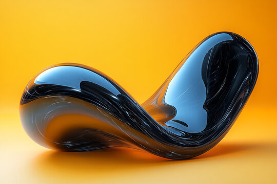 A twisting, fluid wave structure with a polished black finish, curving gracefully, isolated on a pastel yellow background,