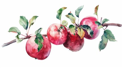 Watercolor painting of a branch of apple fruit with leaf