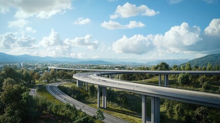 Obraz premium Beautiful road bridges at different heights, set against a realistic background of a bustling city and surrounding nature