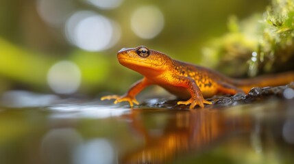 Fototapeta premium A close-up of a vibrant orange newt, perched on a rock, with its reflection shimmering in the water
