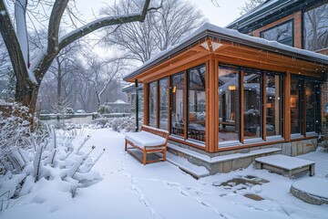 Cozy winter sunroom with glass doors and roof, overlooking a snowy garden. Modern house with wooden accents, warm and inviting interior.