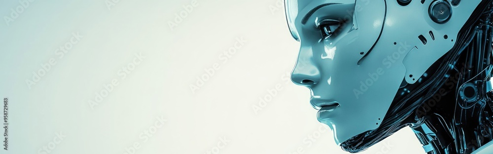 Poster a close-up illustration of a robot showcasing features of artificial intelligence