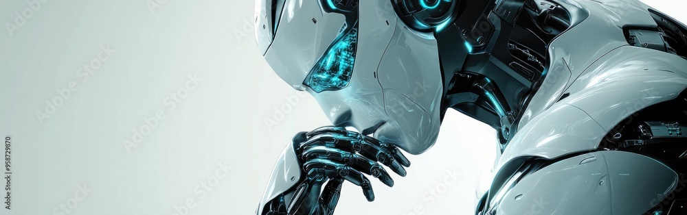 Aufkleber an ai robot thoughtfully contemplates with a focused expression and glowing features
