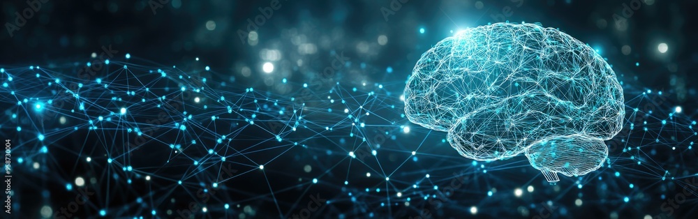 Poster a detailed representation of a digital brain with blue neural connections and illuminated points