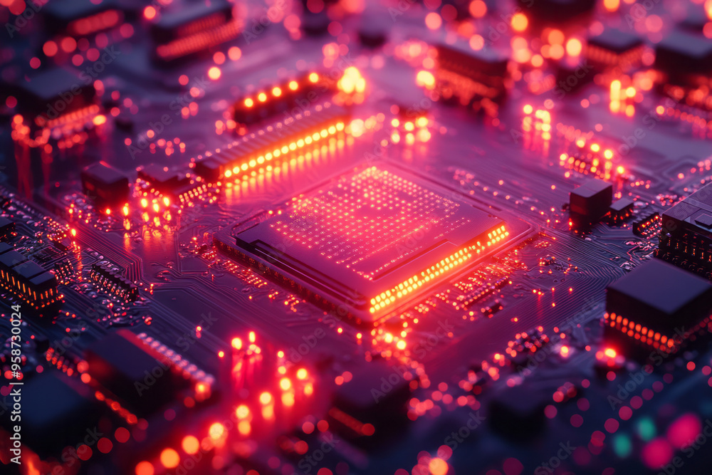 Poster towering chip-like structures on a circuit board with glowing red and teal lights, set against a pas
