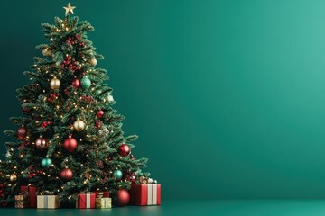Decorated Christmas Tree with Gifts Against a Teal Background