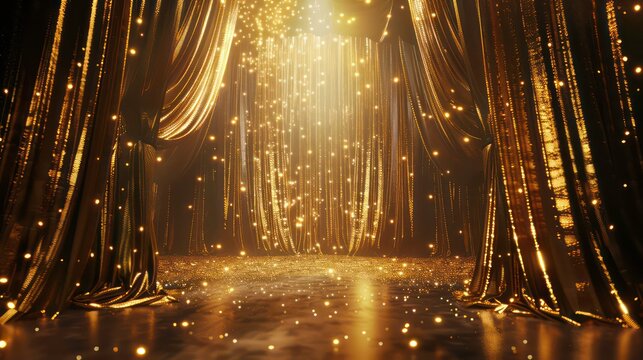 Golden glitter curtain background with bokeh effect and spotlight. 