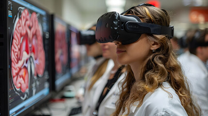 Medical students wearing VR headsets engage in a detailed study of human anatomy, examining brain scans on digital screens in a classroom
