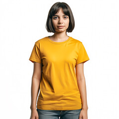 Fototapeta premium A young Hispanic woman stands confidently in a bright yellow shirt, showcasing a neutral expression against a plain white background.