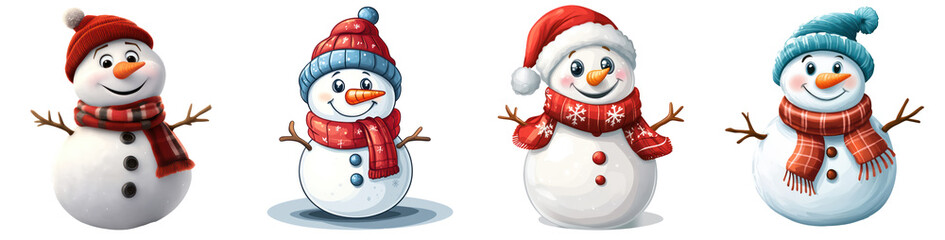 Set of Cheerful Snowman with Red Scarf and Santa Hat,  Perfect for Christmas and Winter Holiday Themes, Isolated on Transparent Background