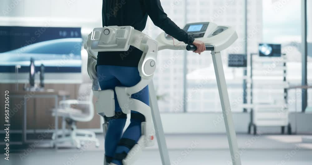 Poster woman wearing headset for advanced physical rehabilitation using an exoskeleton on a treadmill in a 