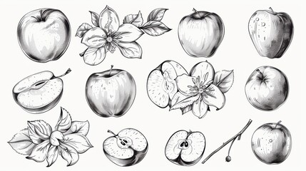 Line drawing of apple fruit, flower, plant, leaf